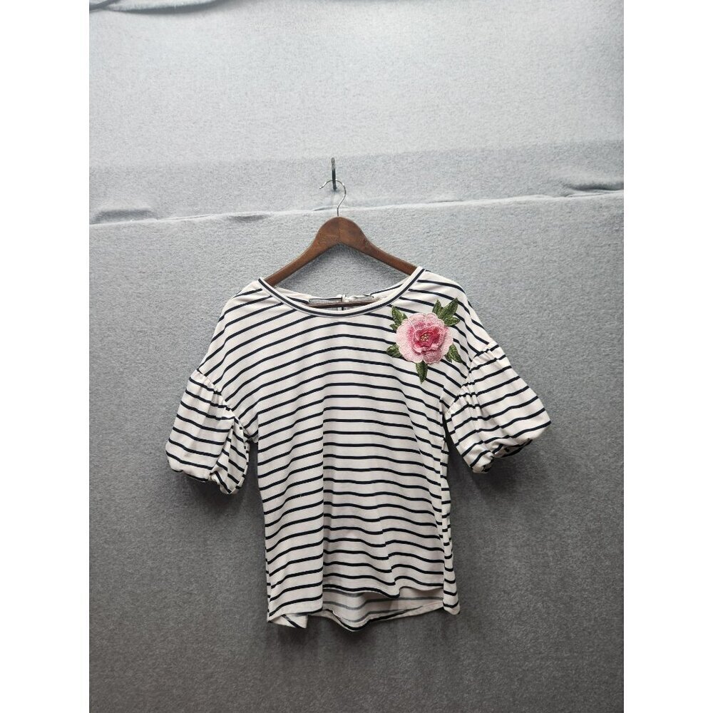 Fyve Womens Striped Top With Floral Embroidery Short Puff Sleeves Relaxed Fit S‎